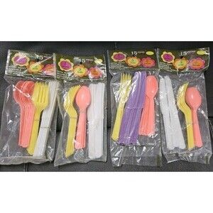 Vtg Picnic Camping Plastic Spoons Forks Utensils 60 Pieces Purple Pink Yellow